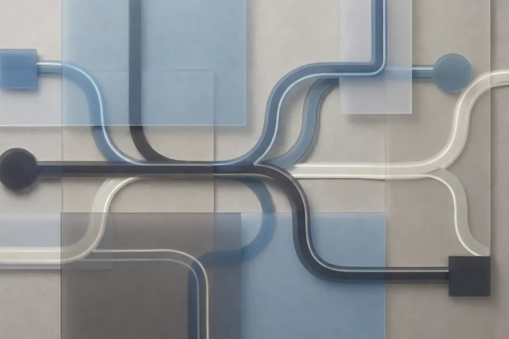 Abstract network-style design with flowing blue, white, and dark lines connecting layered geometric shapes.