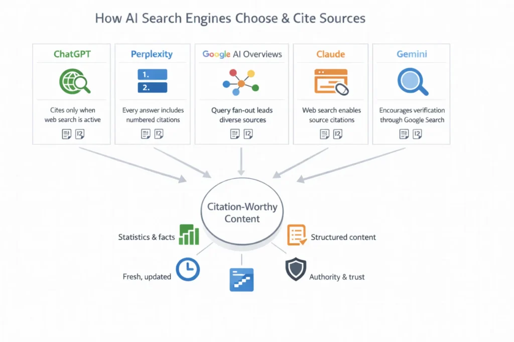 Infographic showing how AI search engines like ChatGPT and Google select sources and what makes content citation-worthy