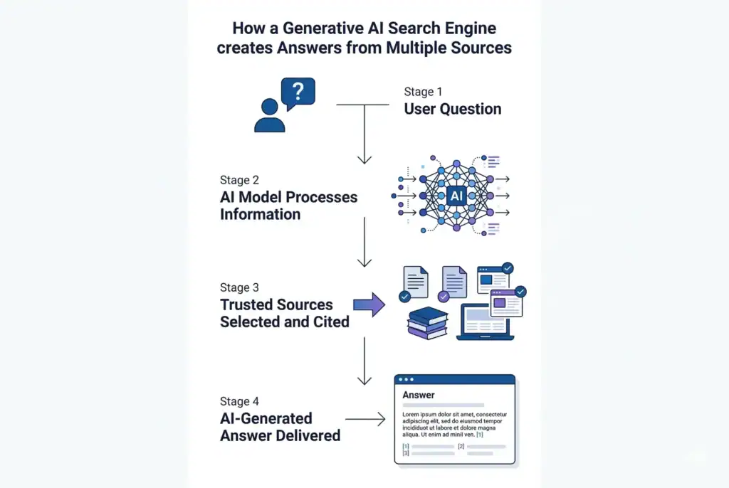 Infographic showing how a generative AI search engine processes a user question, evaluates sources, and delivers a cited answer.