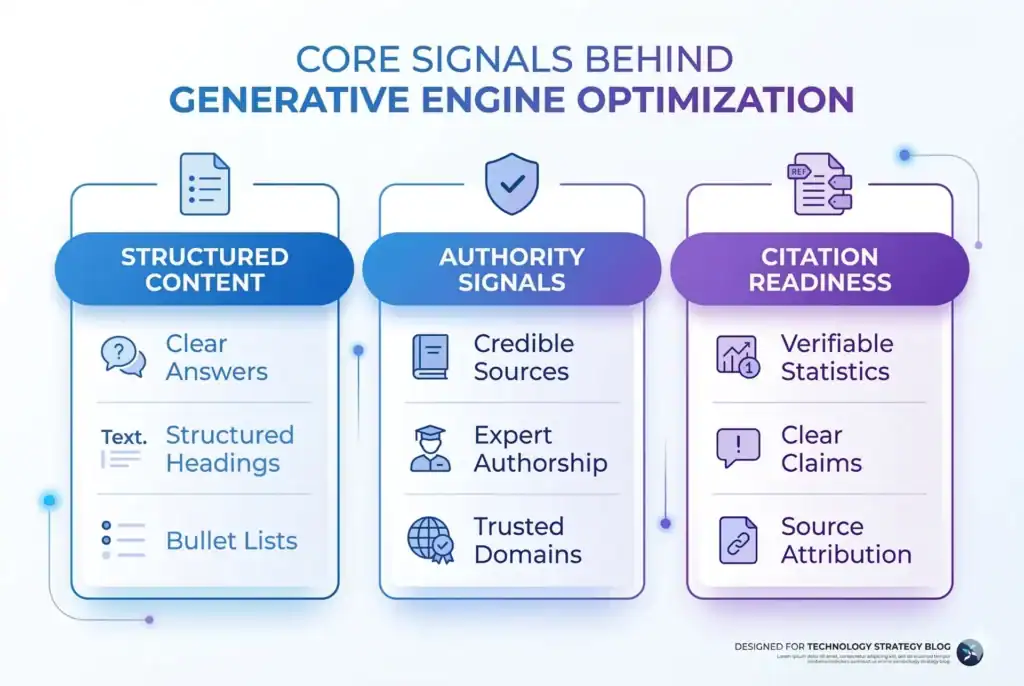 Infographic showing core signals behind generative engine optimization including structured content, authority signals, and citation readiness.
