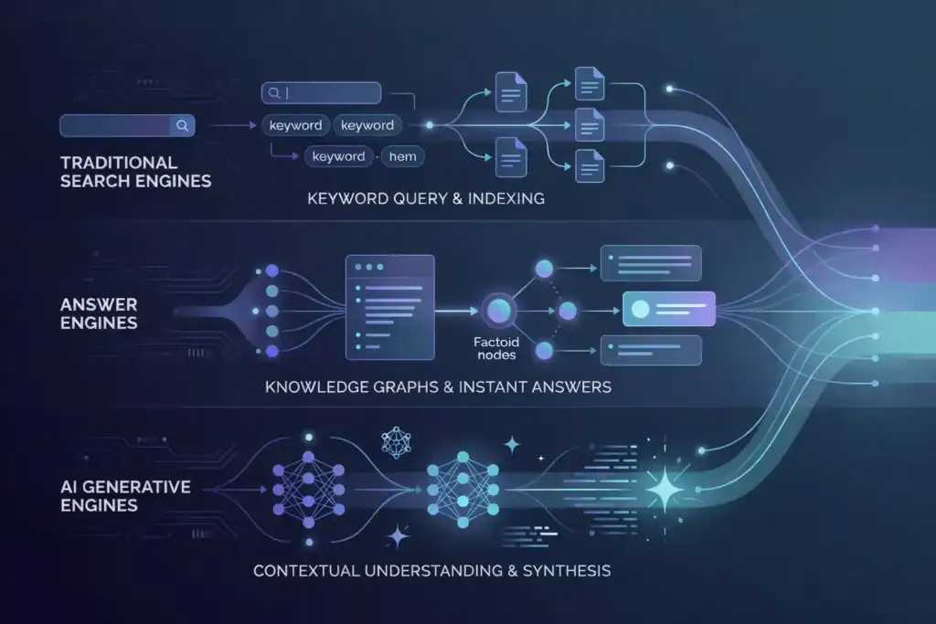 Infographic illustrating shift from traditional search to answer engines and AI generative systems