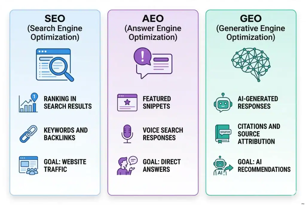 Infographic comparing SEO, AEO, and GEO strategies with goals and key features