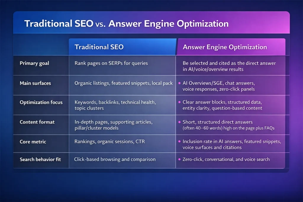 Chart comparing traditional SEO with answer engine optimization across goals, content format, and search behavior.