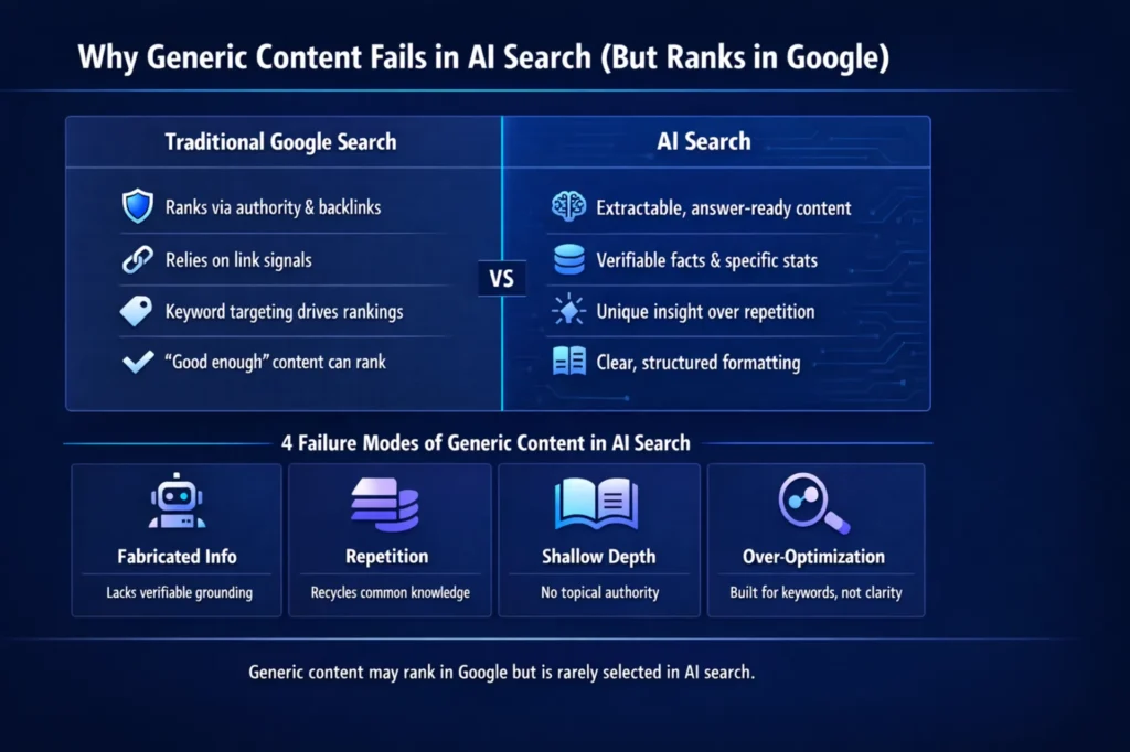 Infographic comparing traditional Google search vs AI search and why generic content fails in AI search