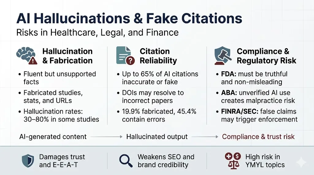 Infographic showing AI content risks of hallucinations and inaccurate citations across healthcare, legal, and finance sectors