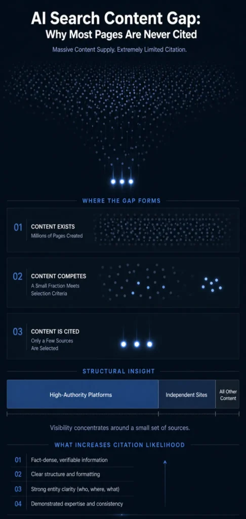 Infographic showing AI search content gap where many pages are filtered down to only a few cited sources