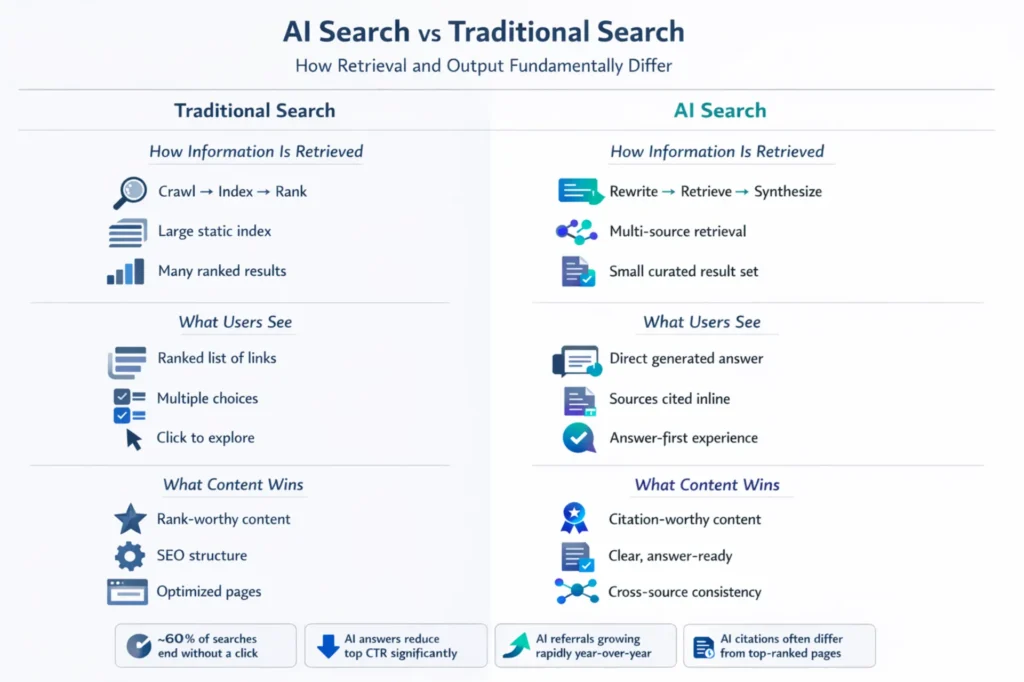 Infographic comparing AI search vs traditional search, highlighting differences in retrieval, results, and content criteria
