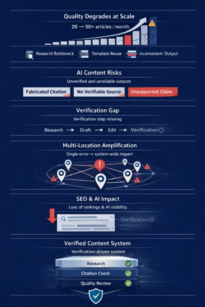 Infographic showing how content at scale without verification leads to errors, SEO decline, and system-wide content breakdown