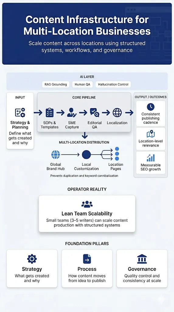 Content Infrastructure for Multi-Location Businesses illustrated as a structured workflow from planning and production to localized distribution and measurable SEO outcomes