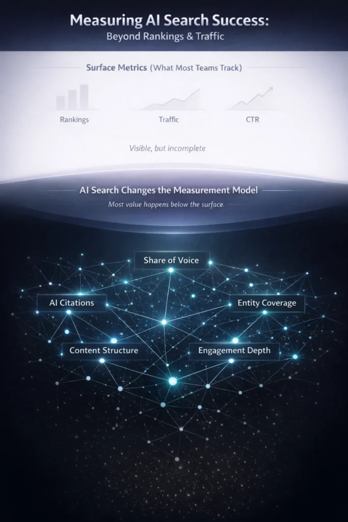 Infographic showing surface metrics versus deeper signals to measure success in AI search beyond rankings and traffic