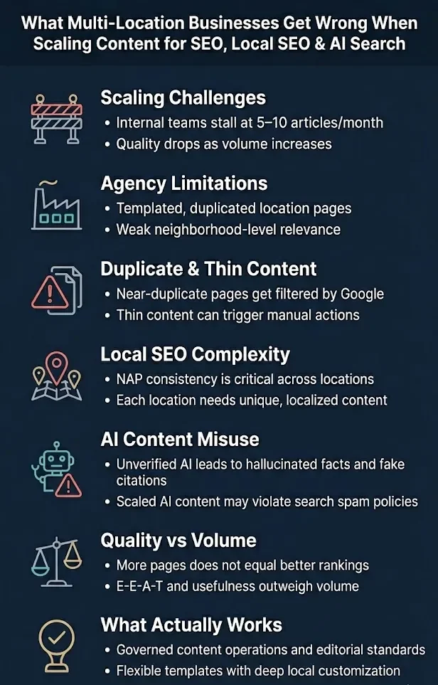 Professional infographic showing common mistakes with content at scale for multi-location businesses with SEO and AI search, with seven labeled sections and icon.