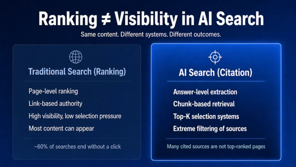 Infographic showing ranking vs being cited in AI search, contrasting broad visibility with selective citation filtering