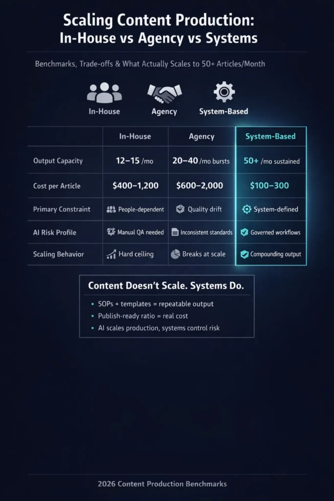 Infographic comparing Done-for-You vs In-House Content System and system-based content scaling performance metrics
