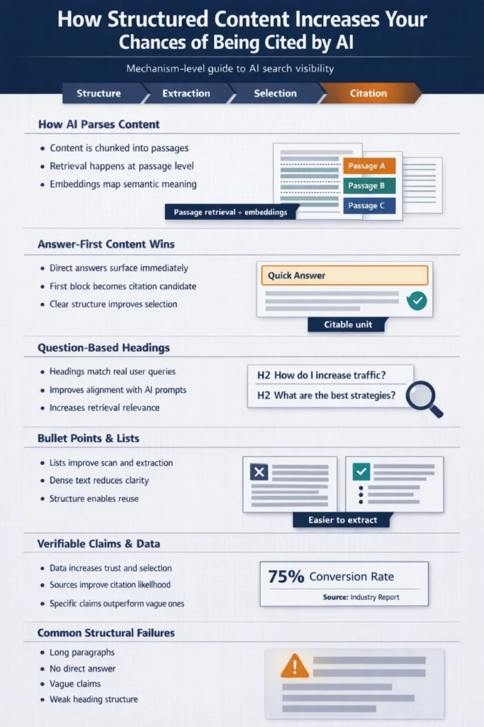 Infographic showing how structured content for AI search improves AI citation through extraction, answer-first formatting, and clear organization