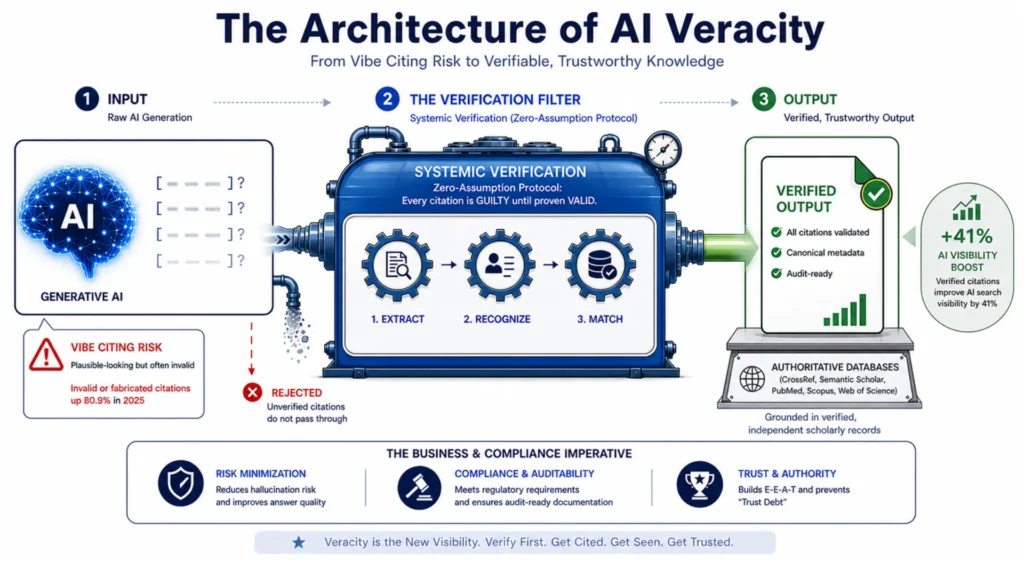 Infographic showing Citation Verification for AI Content system filtering raw outputs into validated, trustworthy citations through a structured process
