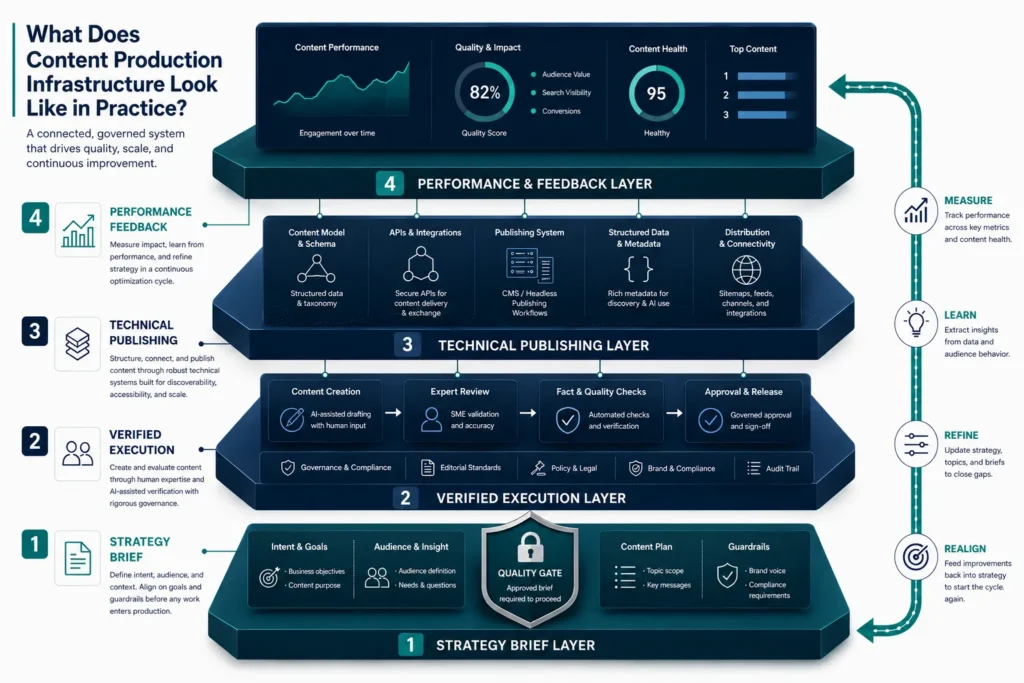 Content production infrastructure infographic showing strategy, verified execution, technical publishing, and performance systems.