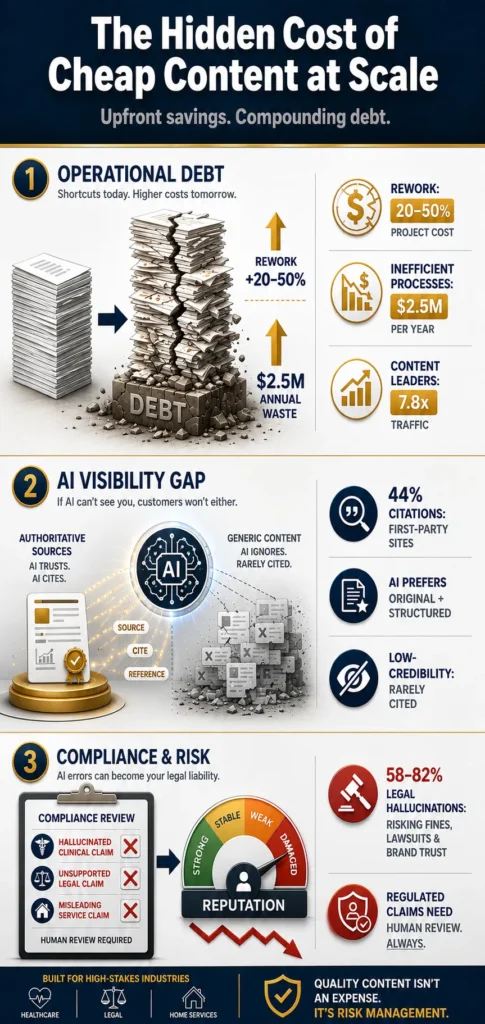 Infographic explaining why does cheap content fail at scale through operational debt, AI visibility gaps, and compliance risk.