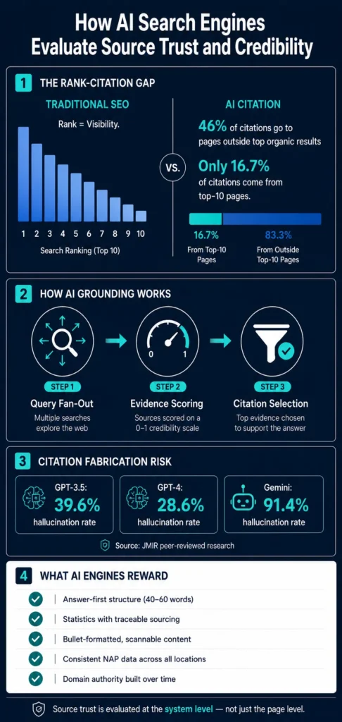 Infographic explaining how AI search engines evaluate source trust, grounding signals, citation quality, and credibility.