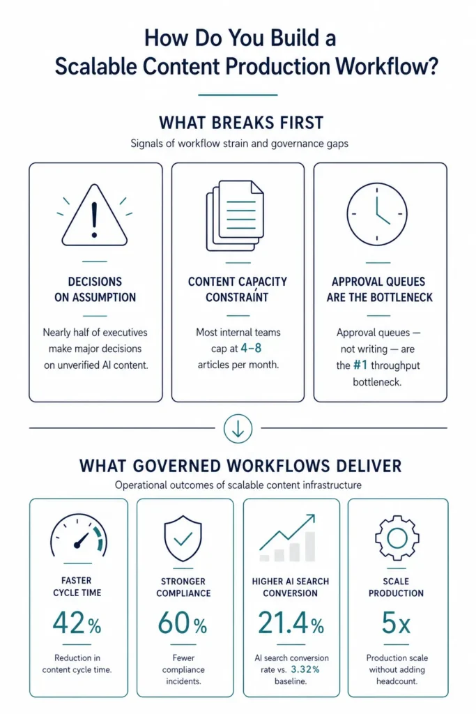 Infographic showing how scalable content production workflows improve governance, compliance, and operational scale.