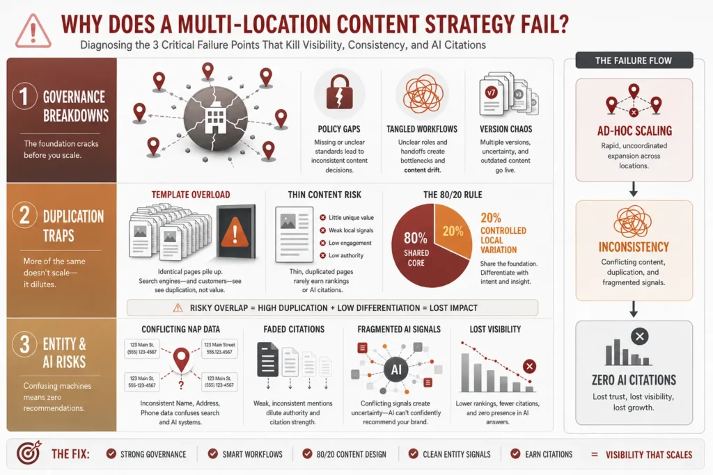 Professional infographic explaining why a multi-location content strategy fails due to governance breakdowns and AI visibility risks.