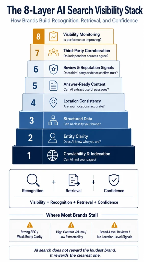 Infographic illustrating the 8-Layer AI Search Visibility Stack, showing how brands build recognition, retrieval, and confidence to improve AI search visibility.