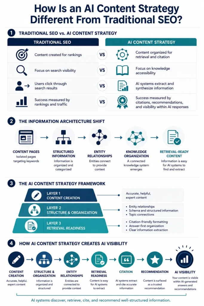AI content strategy infographic comparing traditional SEO with retrieval-focused content systems, information architecture, entity relationships, retrieval readiness, and AI visibility.