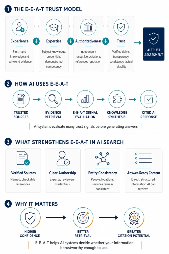 Infographic explaining E-E-A-T in AI Search, showing how experience, expertise, authoritativeness, and trust help AI systems evaluate, retrieve, and cite information.