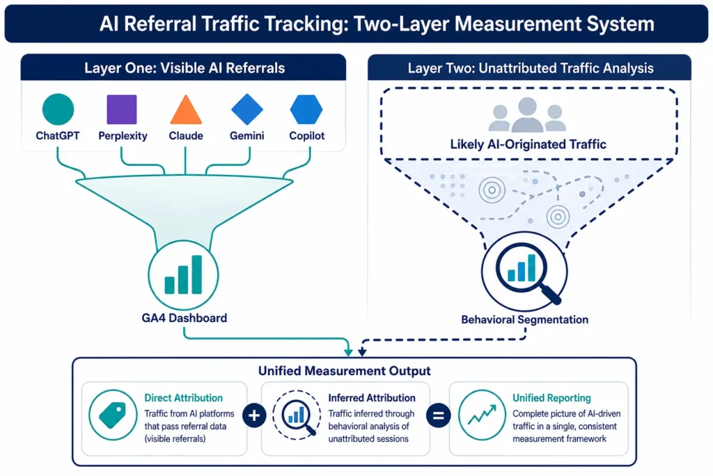 Infographic showing how to track AI referral traffic using direct attribution and unattributed traffic analysis in a unified measurement system.