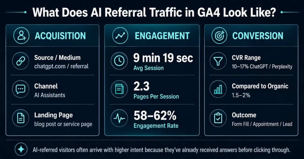 Infographic showing what AI referral traffic in GA4 looks like across acquisition, engagement, and conversion metrics.