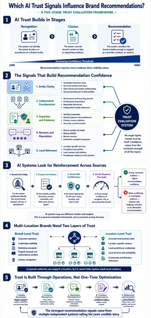 Infographic explaining which AI trust signals influence brand recommendations through recognition, citation, recommendation confidence, and multi-layer trust evaluation.