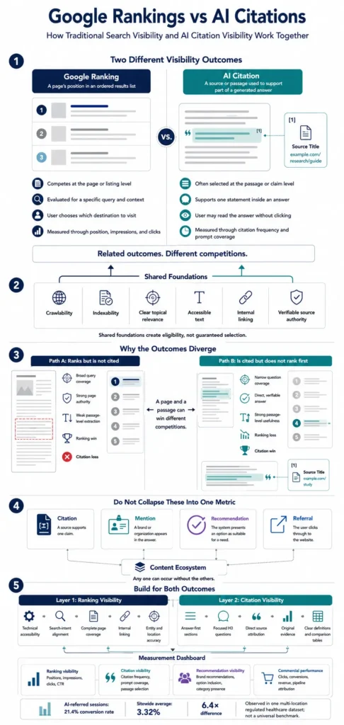 Infographic comparing Google Rankings vs AI Citations, explaining how traditional search visibility and AI citation visibility work together through shared foundations, measurement, and optimization strategies.