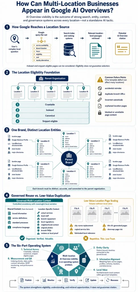 How can multi-location businesses appear in Google AI Overviews? Infographic on location eligibility and governance.