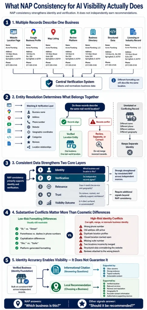 Infographic explaining what NAP Consistency for AI Visibility does by strengthening business identity, verification, and entity resolution across multiple independent data sources.