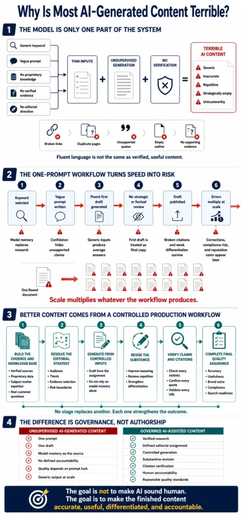 Why Does Most AI-Generated Content Suck? infographic showing how weak inputs, missing verification, and poor workflows produce low-quality AI content, while governed content operations improve accuracy and trust.