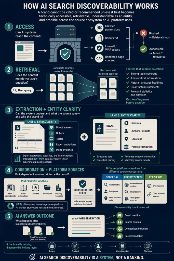 AI search discoverability infographic showing access, retrieval, entity clarity, corroboration, and answer outcomes.