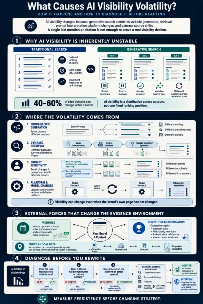 AI Visibility Volatility infographic showing why generative search results change and how marketers can diagnose persistent shifts.