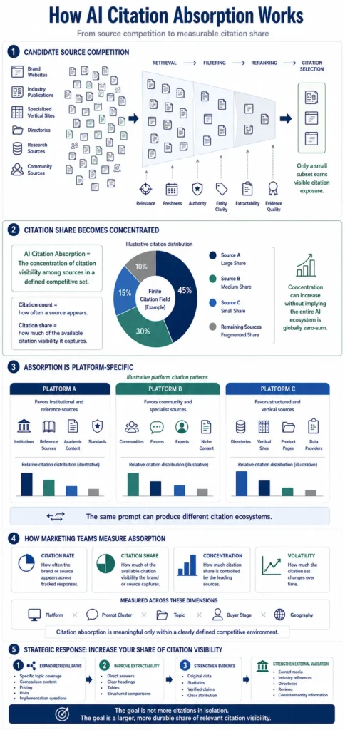 Infographic showing how AI citation absorption concentrates visibility through source selection, platform differences, and measurement.