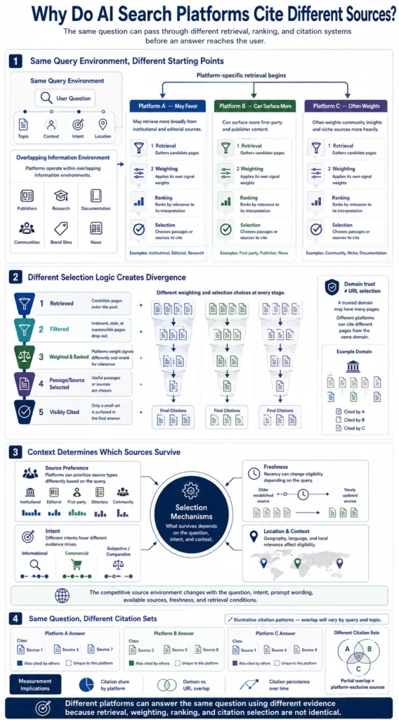 Infographic showing why AI search platforms cite different sources through retrieval, weighting, ranking, and selection.