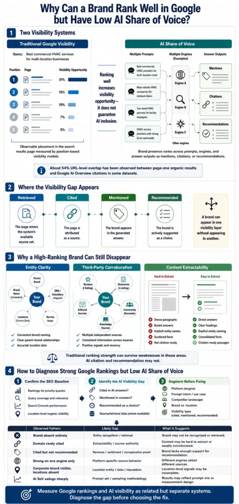 Infographic explaining why strong Google rankings can coexist with low AI share of voice.