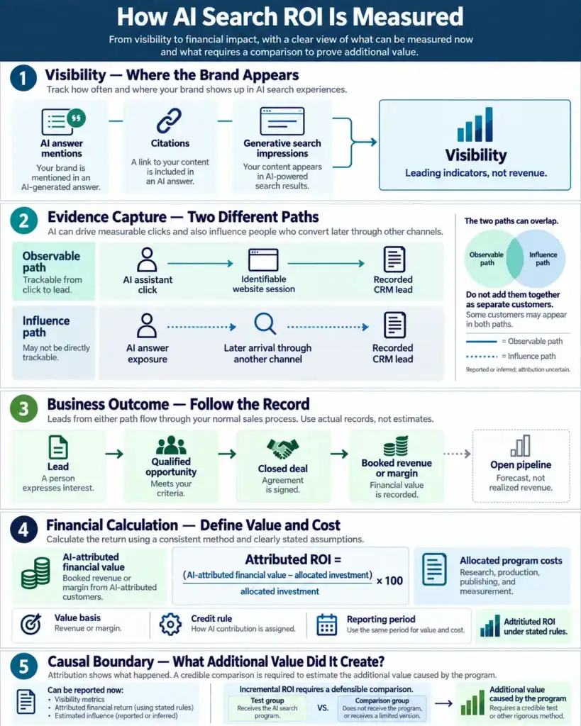 AI search ROI framework connecting visibility, evidence capture, business outcomes, attributed ROI, and incremental value.