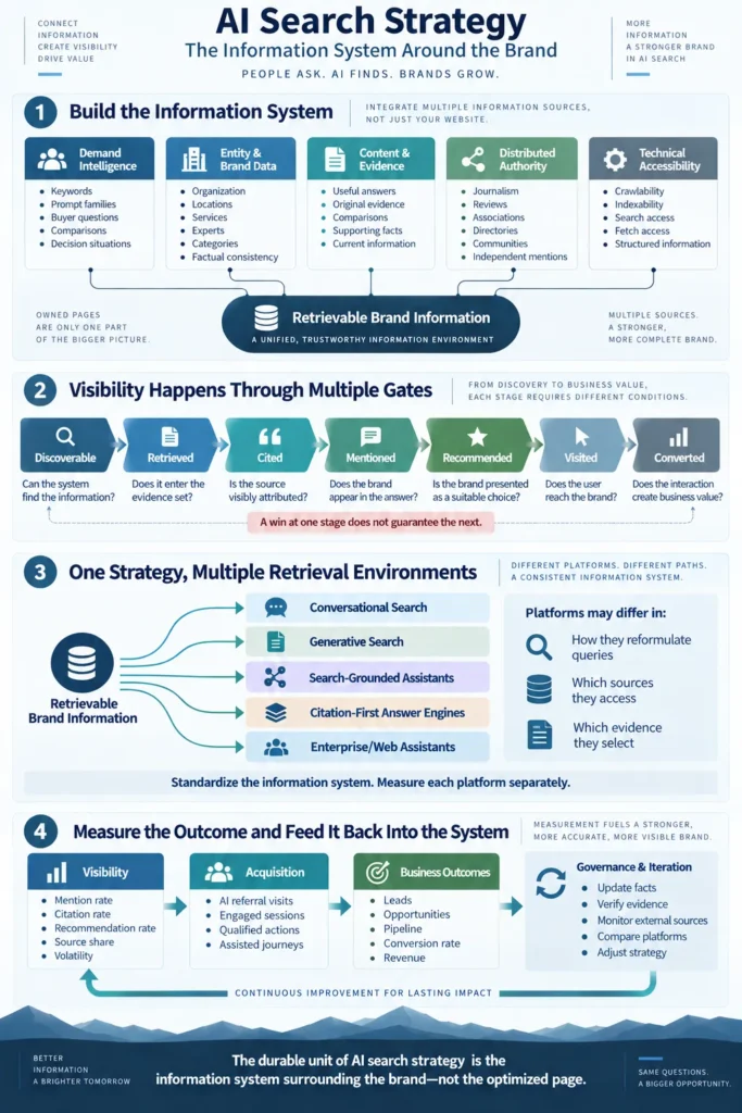 AI Search Strategy infographic showing how brand information, retrieval environments, visibility gates, and measurement work together