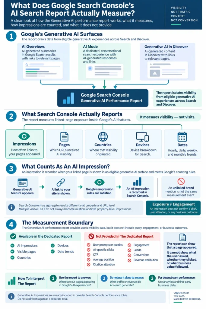Google Search Console’s AI Search Report infographic explaining AI impressions, reported data, and measurement boundaries.