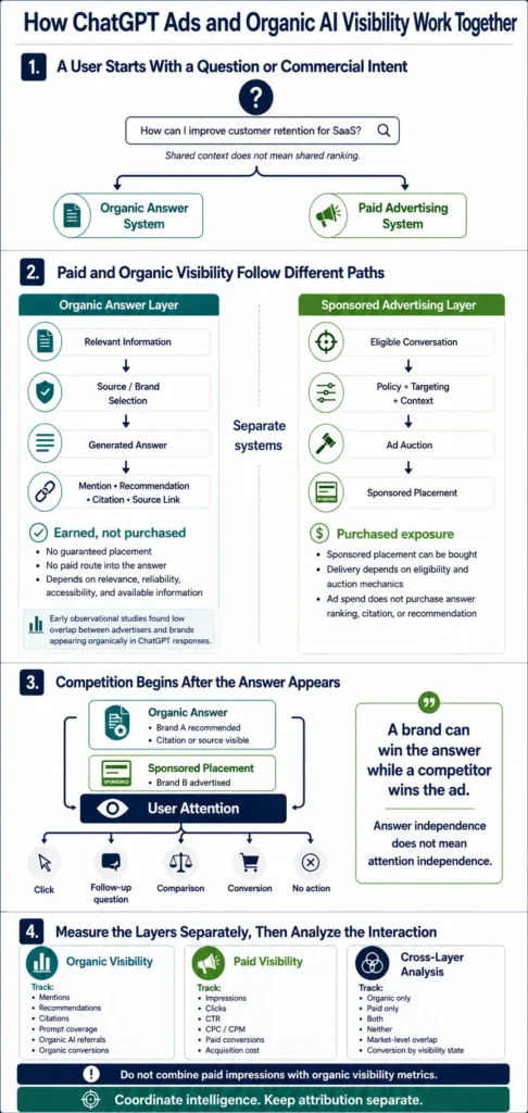 Infographic showing how ChatGPT ads and organic AI visibility use separate systems but compete for user attention.