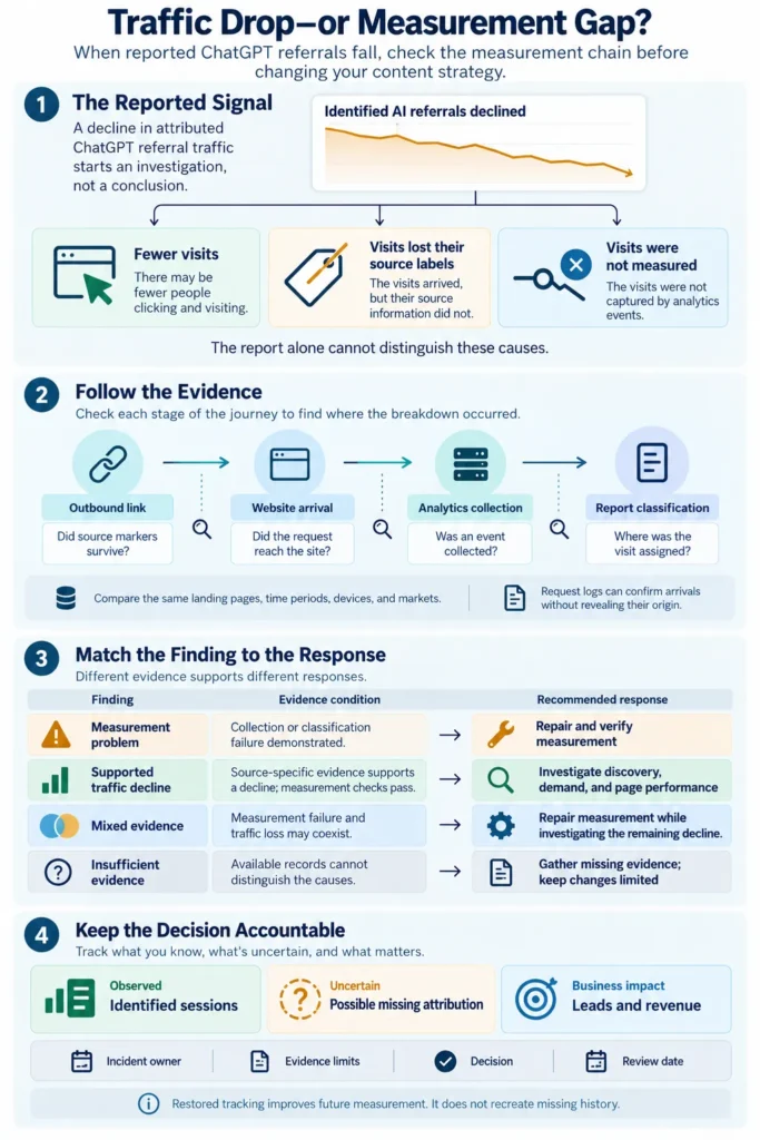 Infographic showing how to investigate a ChatGPT traffic drop, identify attribution gaps, and choose evidence-based responses.