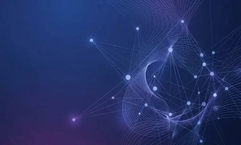Abstract digital network with glowing nodes and flowing lines on a blue and purple gradient background