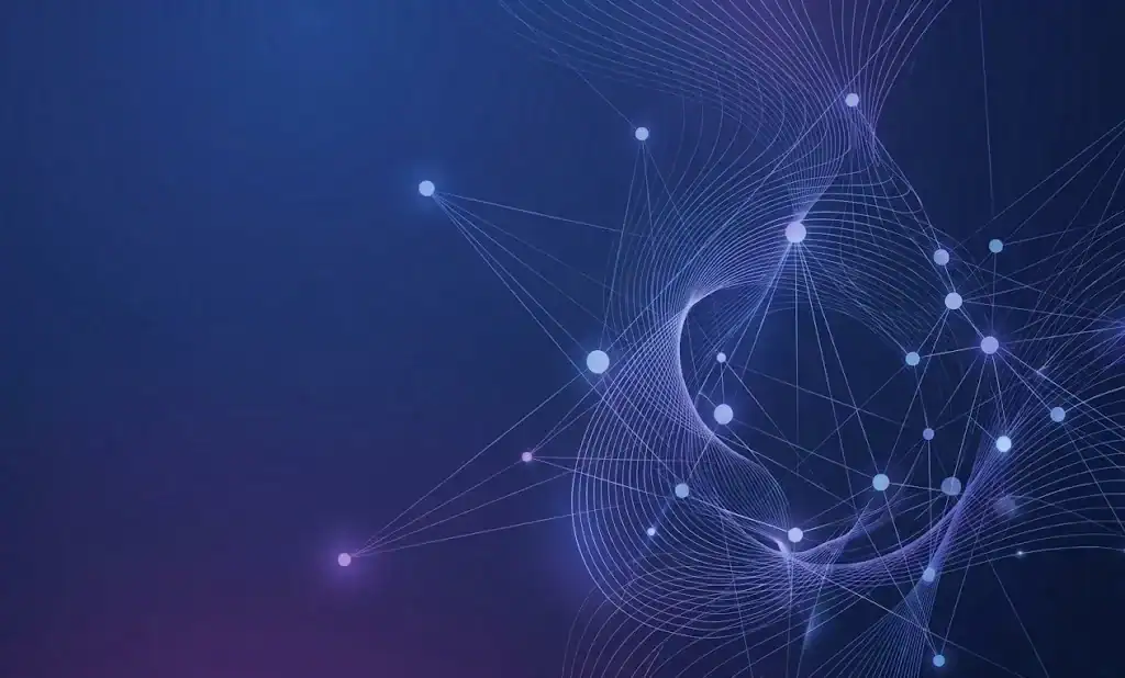 Abstract digital network with glowing nodes and flowing lines on a blue and purple gradient background