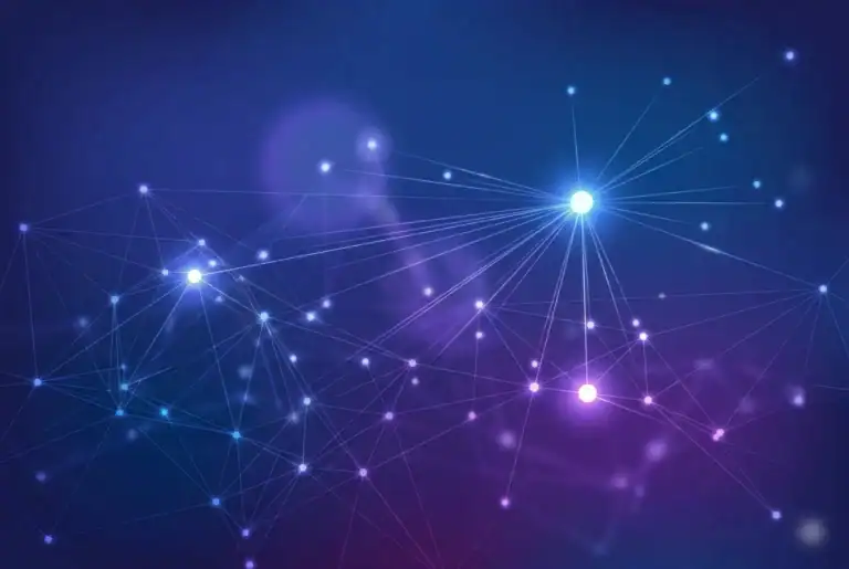 Abstract digital network with glowing nodes and connecting lines on a blue and purple gradient background