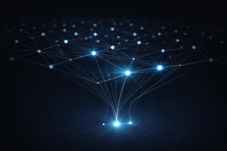 Abstract network of connected nodes converging into a funnel with highlighted points representing how AI search engines decide which sources to cite.