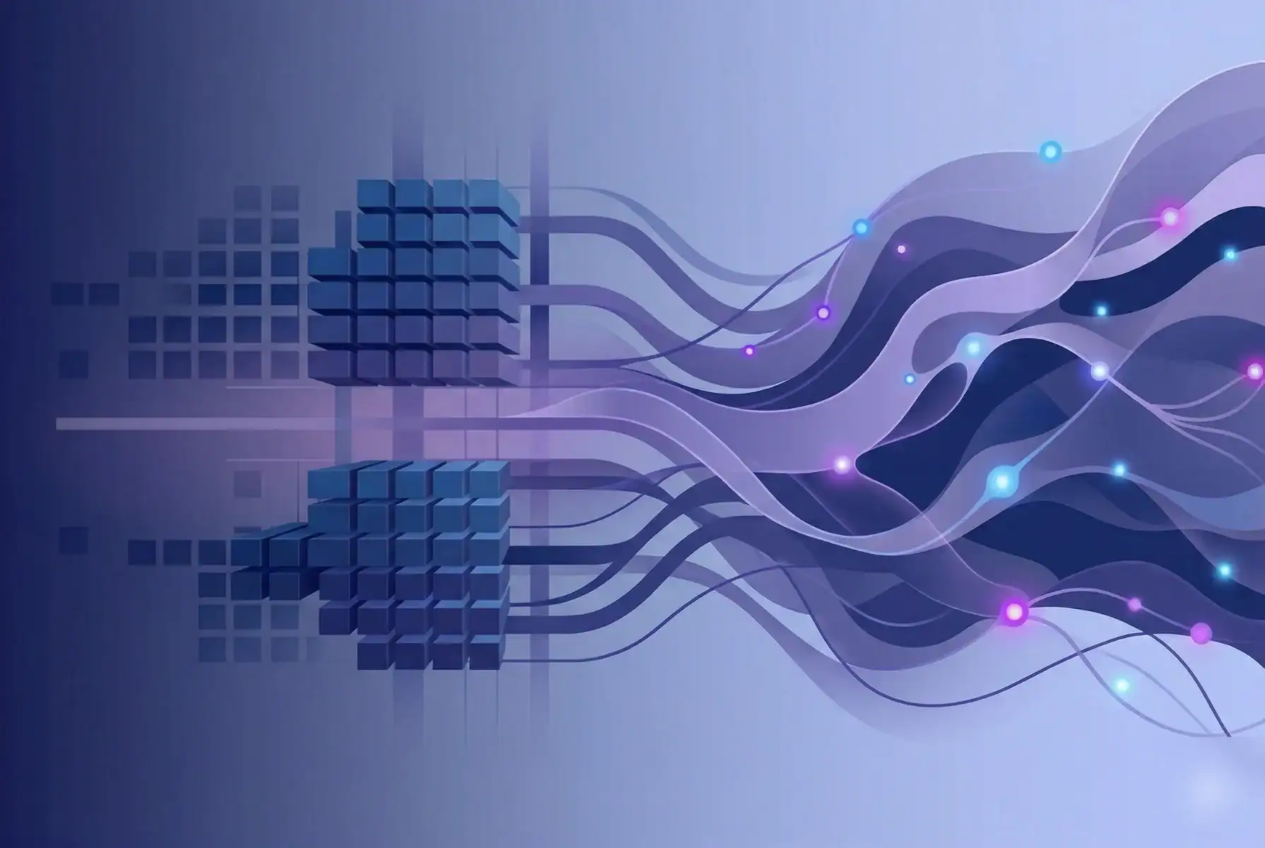 Abstract data flow visualization with layered cubes and flowing digital streams in blue and purple tones