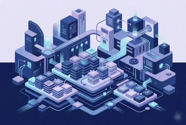 Isometric illustration of data infrastructure with servers, databases, and connected pipelines in a modern tech layout